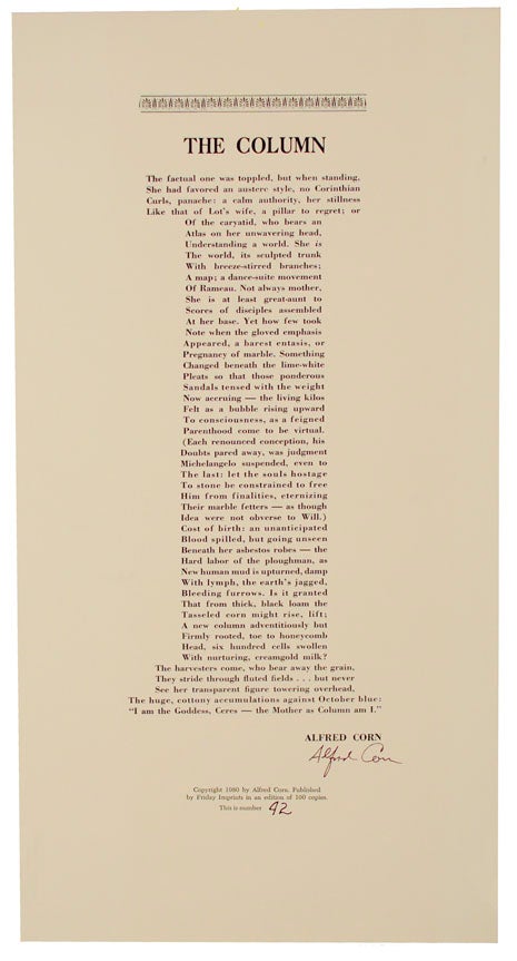 Item #106219 The Column (Signed Broadside First Edition). Alfred CORN.