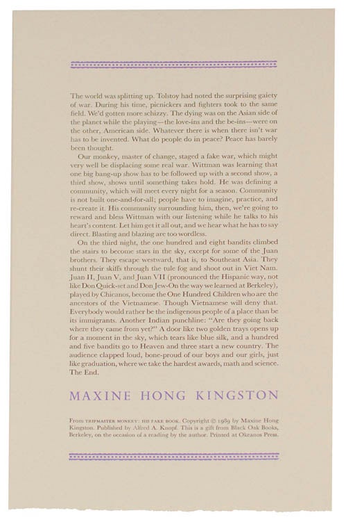 Item #106521 from Tripmaster Monkey: His Fake Book (Broadside). Maxine Hong KINGSTON.