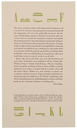 Item #106530 from The Devil at Large: Erica Jong on Henry Miller (Broadside). Erica JONG