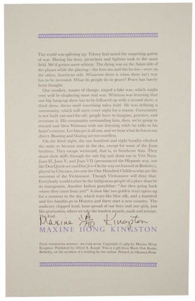 Item #110465 from- Tripmaster Monkey: His Fake Book (Signed Broadside). Maxine Hong KINGSTON