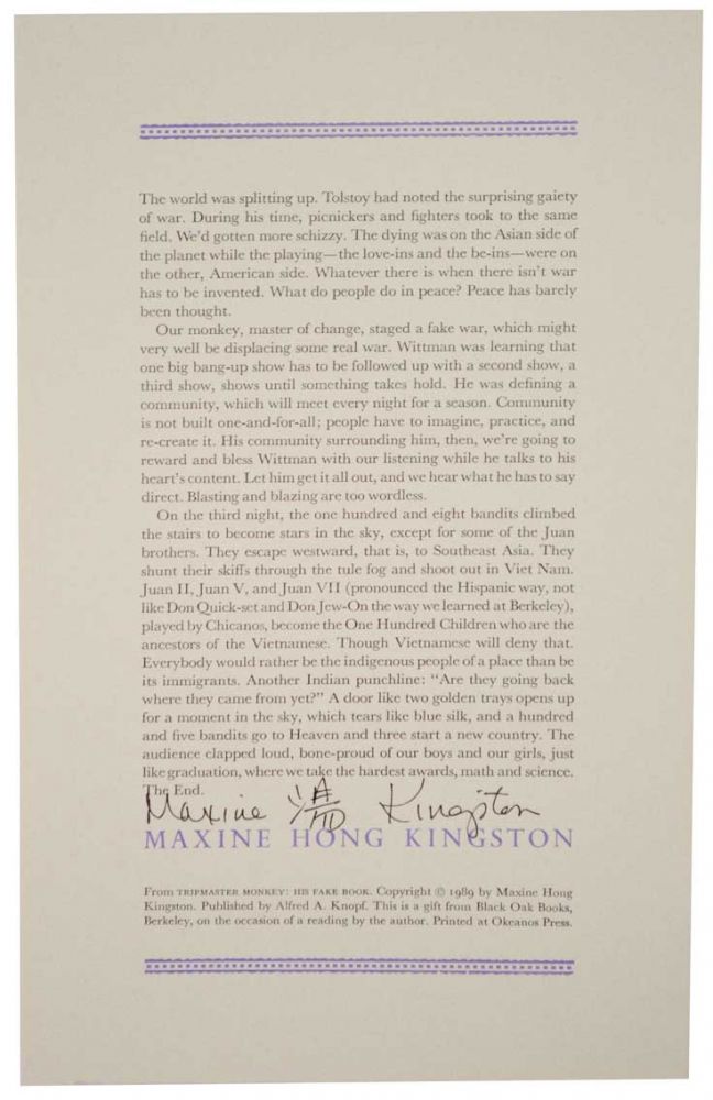Item #110465 from- Tripmaster Monkey: His Fake Book (Signed Broadside). Maxine Hong KINGSTON.