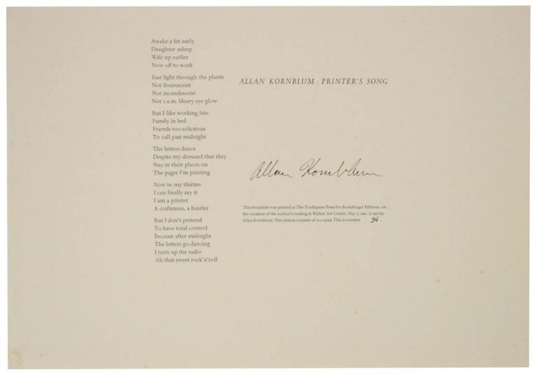 Item #116463 Printer's Song (Signed Broadside). Allan KORNBLUM.
