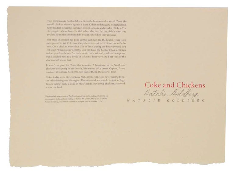 Item #116465 Coke and Chickens (Signed Broadside). Natalie GOLDBERG.