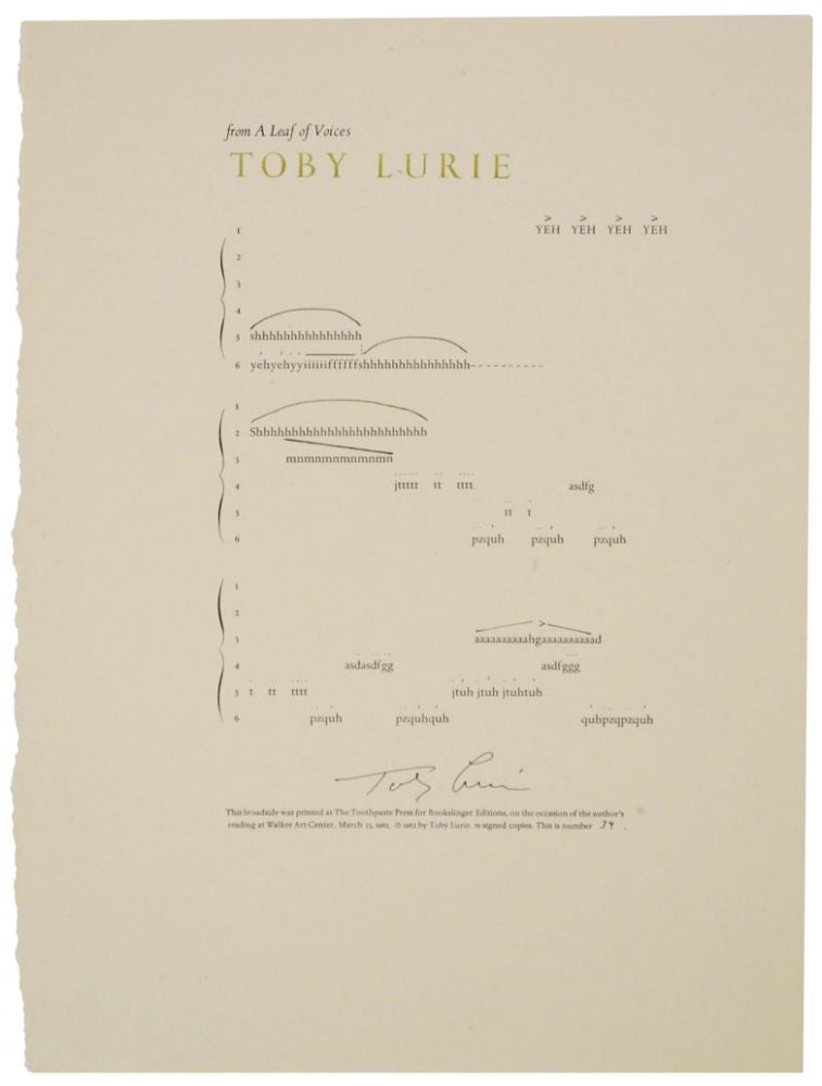 Item #116479 from A Leaf of Voices (Signed Broadside). Toby LURIE.
