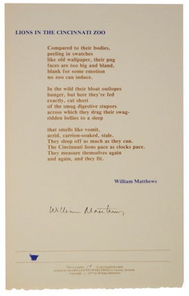 Item #116618 Lions in The Cincinnati Zoo (Signed Broadside). William MATTHEWS