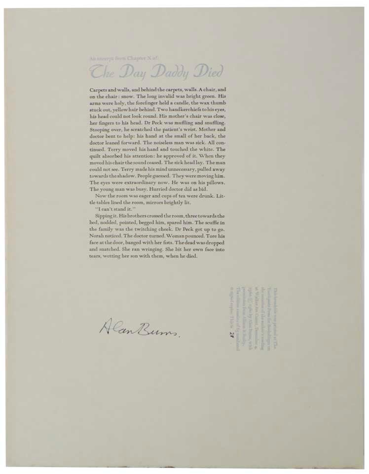 Item #121984 an excerpt from Chapter X of The Day Daddy Died (Signed Broadside). Alan BURNS.