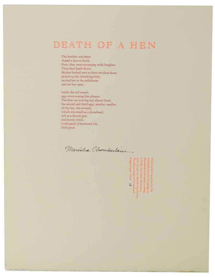 Item #121985 Death of a Hen (Signed Broadside). Marisha CHAMBERLAIN.
