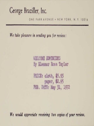 Welcome Eumenides: Poems