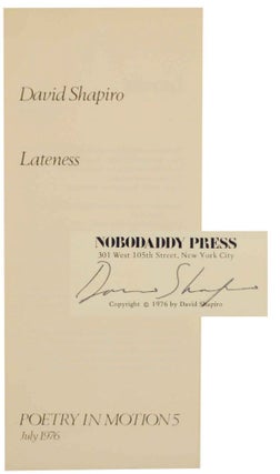Item #137122 Lateness (Signed First Edition). David SHAPIRO
