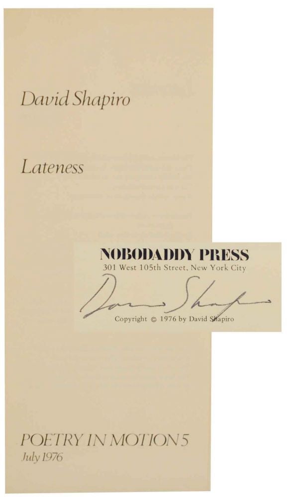 Item #137122 Lateness (Signed First Edition). David SHAPIRO.