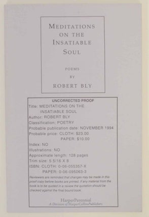 Item #140301 Meditations on the Insatiable Soul. Robert BLY