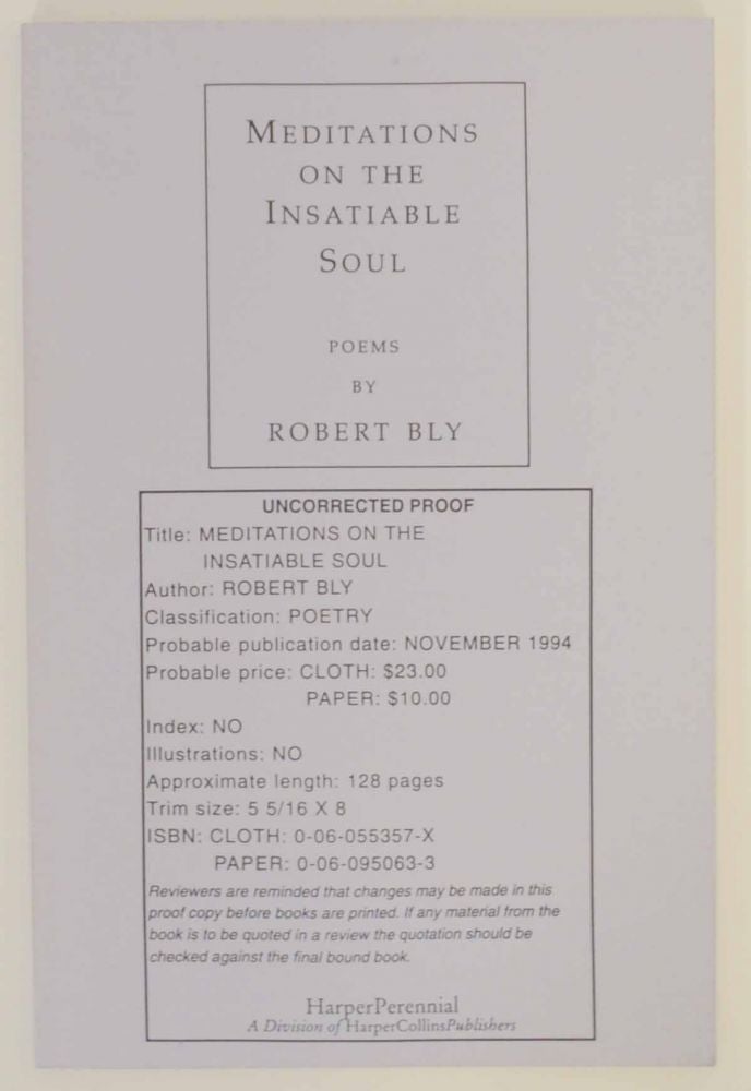 Item #140301 Meditations on the Insatiable Soul. Robert BLY.