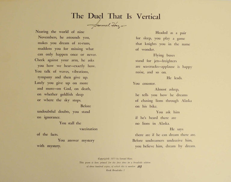 Item #144349 The Duel that is Vertical (Signed Broadside). Samuel HAZO.