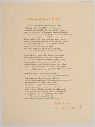 Item #150575 Little Movie Without a Middle (Signed Broadside). George GARRETT