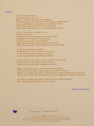 Item #157759 Sure (Signed Broadside). Michael BENEDIKT