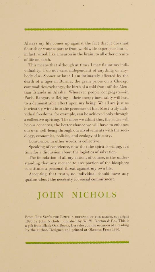 Item #157774 from The Sky's the Limit: A Defense of The Earth (Broadside). John NICHOLS.