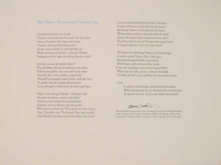 Item #164772 Blue Writes a Mysterious and Haunting Song (Signed Broadside). Gilbert SORRENTINO.