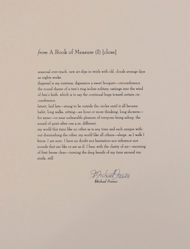 Item #172158 from A Book of Measure (I) [close] (Signed Broadside). Michael FRANCO.