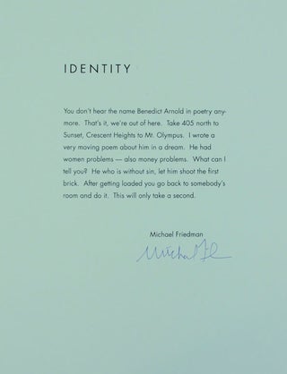 Item #172159 Identity (Signed Broadside). Michael FRIEDMAN