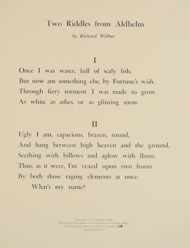 Wilbur Riddle Two Riddles from Aldhelm | Richard WILBUR