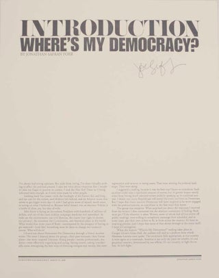Item #178527 Introduction, Where's My Democracy? (Signed Broadside). Jonathan SAFRAN FOER