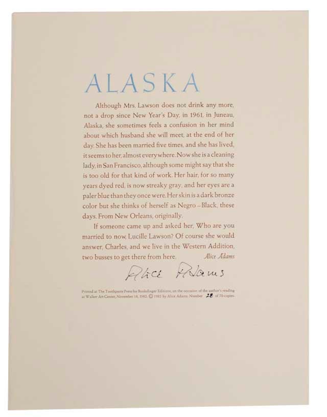 Item #178778 Alaska (Signed Broadside). Alice ADAMS.