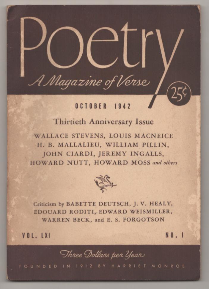 Item #187115 Poetry October 1942 Volume LXI No. 1. Peter DE VRIES, Jessica Nelson North, Louis MacNeice Wallace Stevens, Howard Moss, John Ciard.