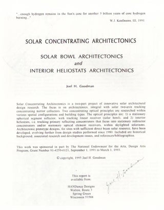 Solar Concentrating Architectonics, Solar Bowl Architectonics and Interior Heliostats Architectonics (Signed First Edition)