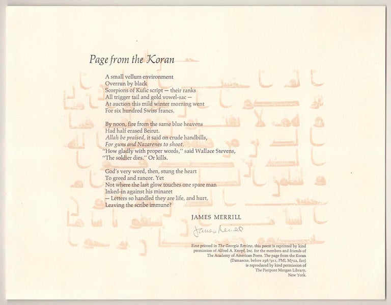 Item #190045 Page from the Koran (Signed Broadside). James MERRILL.