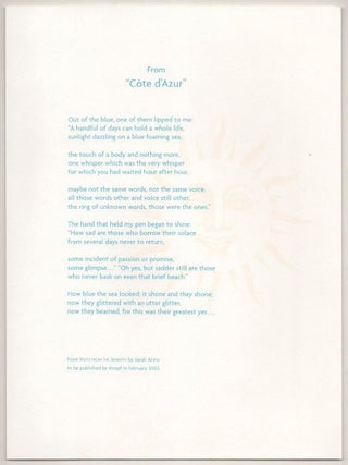 Item #190047 from "Cote d'Azur" (Signed Broadside). Sarah ARVIO