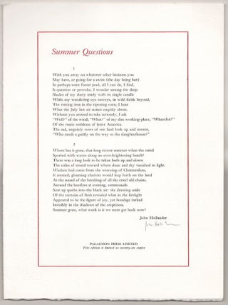 Item #190059 Summer Questions (Signed Broadside). John HOLLANDER