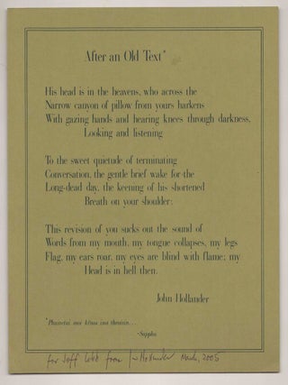 Item #190083 After an Old Text (Signed Broadside). John HOLLANDER