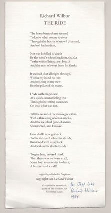 Item #190607 The Ride. Richard WILBUR