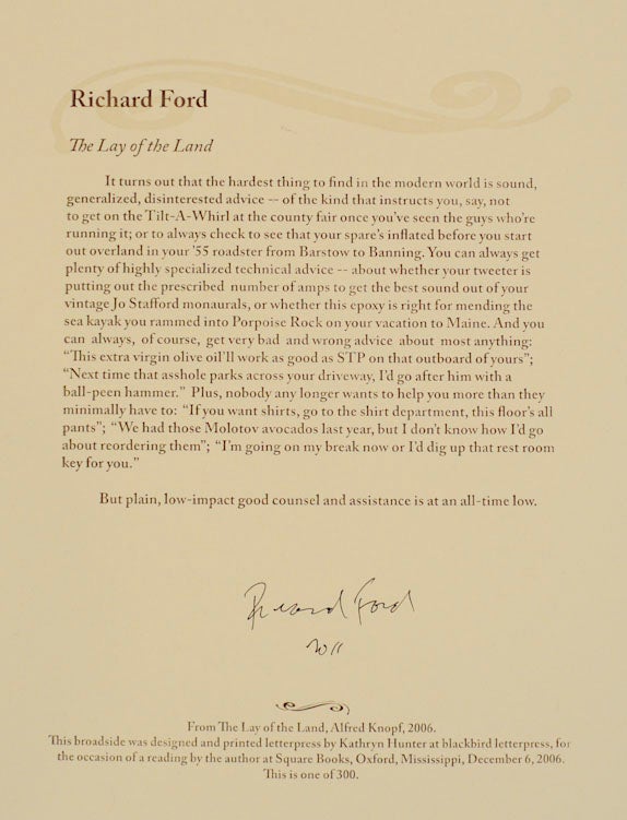 Item #194609 The Lay of The Land (Signed Broadside). Richard FORD.
