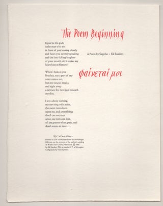 Item #195918 The Poem Beginning: A Poem by Sappho (Signed Broadside). Ed SANDERS