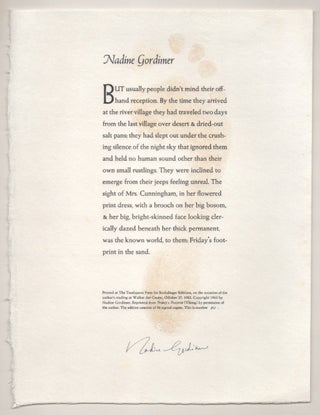 Item #196612 from Friday's Footprint (Signed Broadside). Nadine GORDIMER
