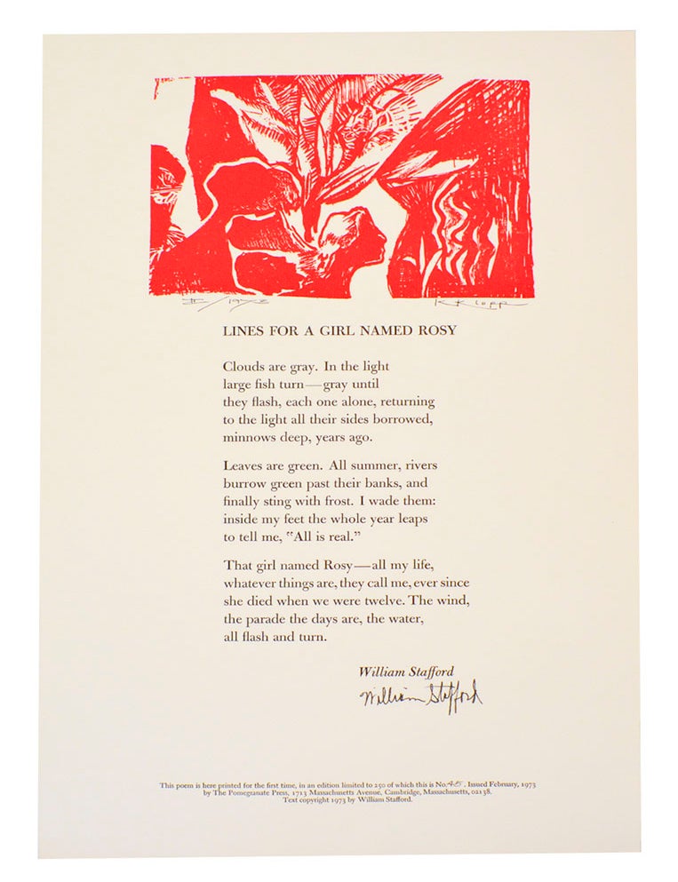 Item #199021 Lines For A Girl Named Rosy (Signed Broadside). William STAFFORD, Karyl Klopp.