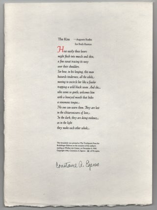 Item #201535 The Kiss - Auguste Rodin for Ruth Roston (Signed Broadside). Constance EGEMO